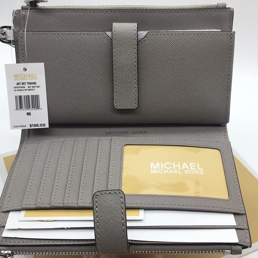 MICHAEL KORS LG DOUBLE ZIP wristlet BRT WHITE